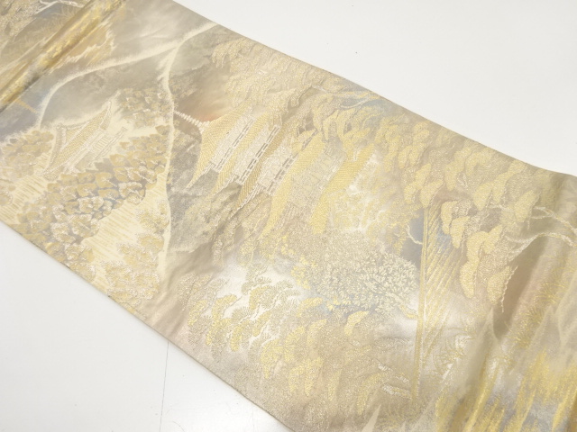 JAPANESE KIMONO / FUKURO OBI / SILK / WOVEN SCENERY OF TEMPLE